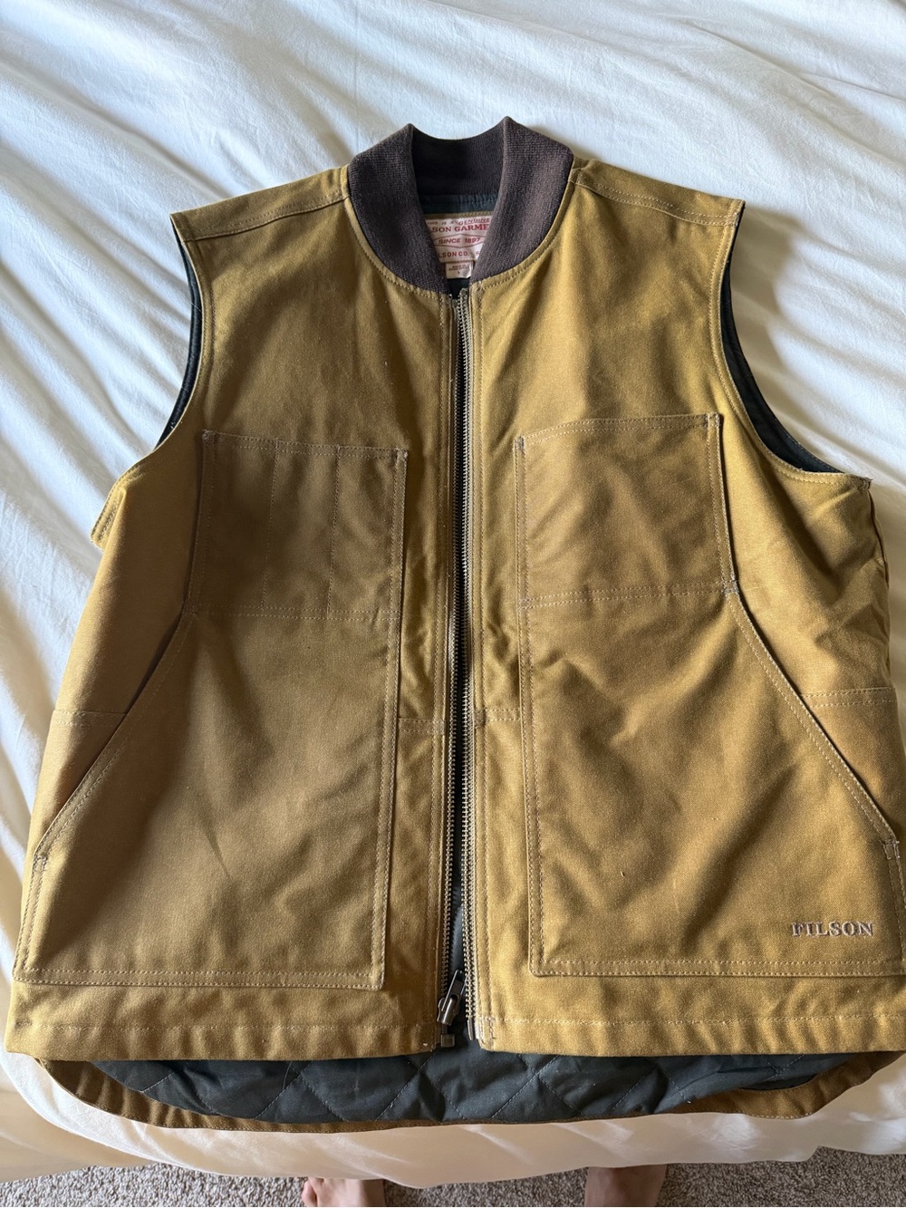 Filson Men's Tan Canvas Zip-Up Vest with Dark Collar